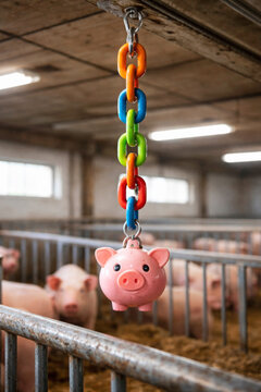 Pig Toy Chain Enrichment Device Hanging in Livestock Pen for Animal Welfare and Farm Management