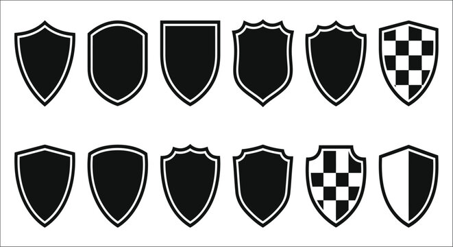 Shield silhouettes in a collection black vector graphics on a white background armor protection defense