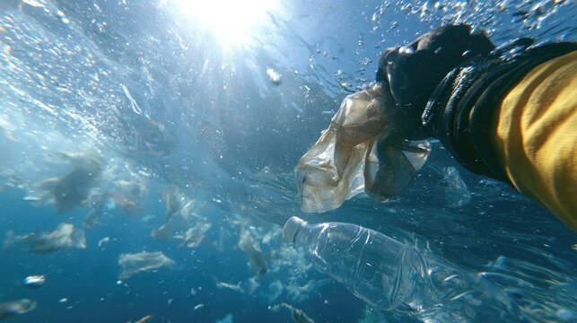 Hand wearing glove reaching into ocean filled with plastic waste, sunlight filtering