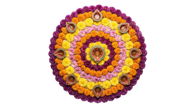 Traditional rangoli design with flowers and diyas isolated on transparent background