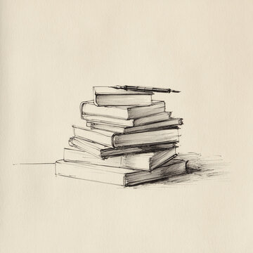 Simple vintage hand-drawn sketch of a stack of books using black ink on a clean white background, rendered in minimal line art illustration style. 