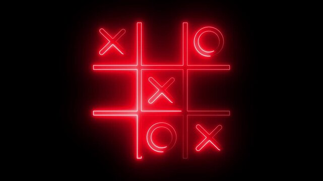 Glowing neon Tic tac toe game icon isolated on black background. Tic tac toe game icon animation. XOX game, educational game animation.