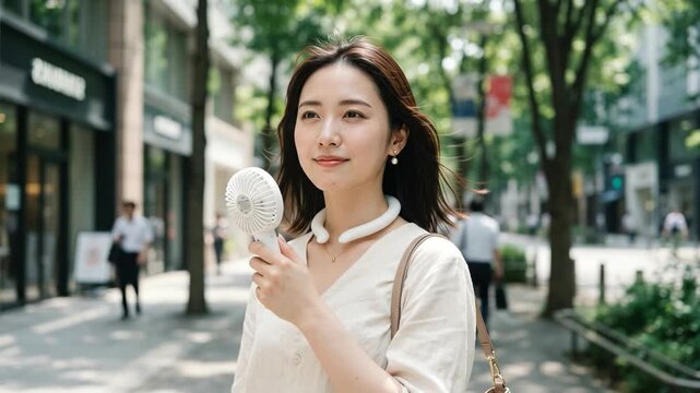 暑い夏の街中で携帯扇風機とネッククーラーを使い涼む女性