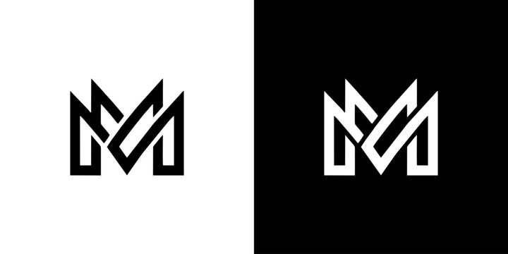 Minimalist geometric letter M monogram logo design template in black and white variations
