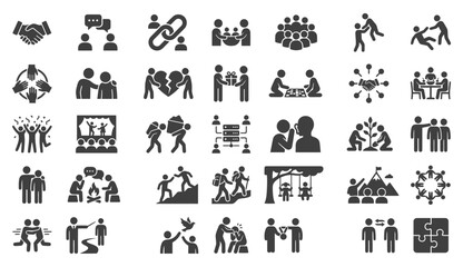 Fototapeta premium A comprehensive collection of black and white vector icons representing various business relationships teamwork collaboration professional networking and corporate communication concepts for design