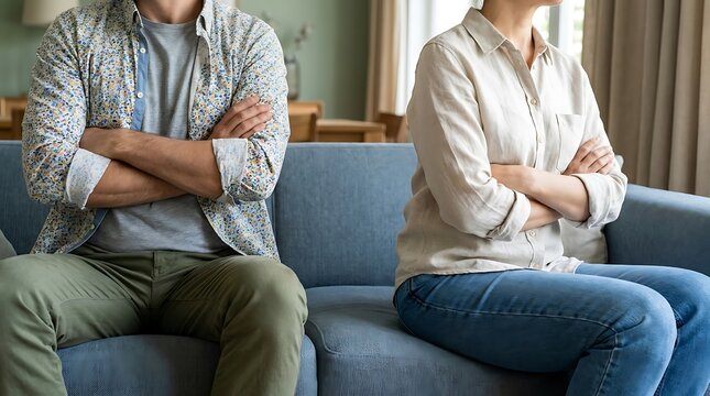 Couple sitting on sofa with arms crossed. Angry man and woman having relationship conflict.
