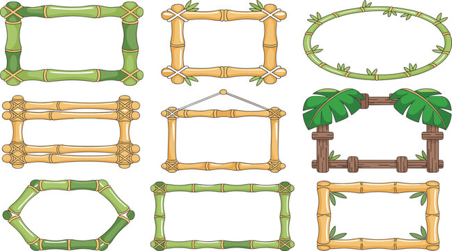 Tropical Bamboo Frame Vector Set Featuring Wooden Borders with Green Leaves and Exotic Tiki Styles for Summer Party Invitations and Graphic Designs