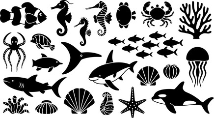 Set of marine life icons including fish, shark, whale, octopus, crab, seahorse, jellyfish, coral, and seashells © SAYEDAJANNATUL