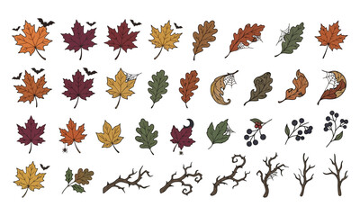 Obraz premium Set of colorful autumn leaves with bats and spider webs vector art