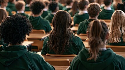 Obraz premium Students in a classroom, wearing uniform green sweaters, facing forward