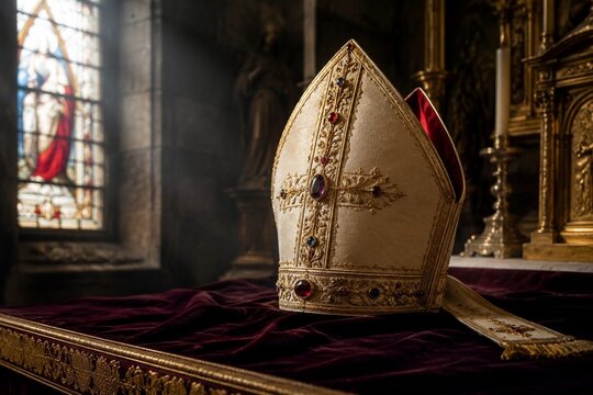 A bishop's ceremonial hat resting on dark velvet cloth, gemstones gleaming.