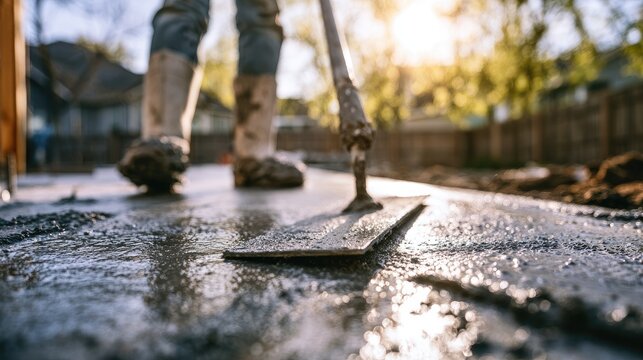Worker smoothing wet concrete with trowel, sun shining through trees