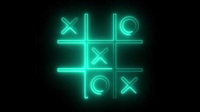 Glowing neon Tic tac toe game icon isolated on black background. Tic tac toe game icon animation. XOX game, educational game animation.