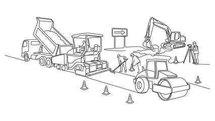 Naklejka premium Road Construction Scene with Heavy Machinery and Workers Line Art.
