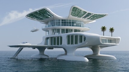 Obraz premium Futuristic floating dwelling with solar panels and modern yachts