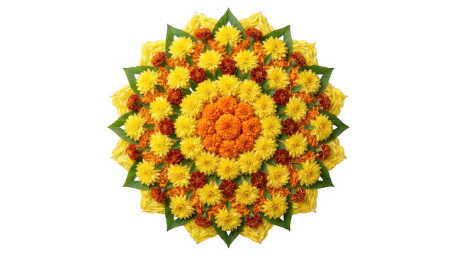 Flower rangoli mandala made of marigold flowers and leaves, isolated on transparent background