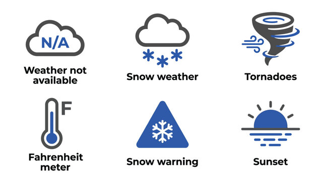 A collection of blue and grey weather icons featuring clouds snow tornadoes a temperature gauge and a bright sunset scene