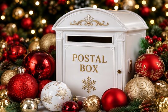 Buz&oacute;n navide&ntilde;o entre adornos rojos y dorados