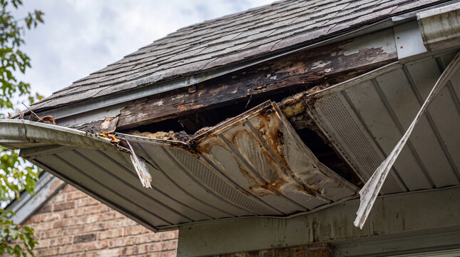 Damaged and sagging vinyl soffit with rotten fascia board under a residential roof eave