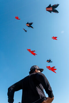 A traditional Balinese *bebean* kite soaring in the sky over Mertasari Beach, Denpasar, during the Yadya Cakra event, July 18, 2026, Bali, Indonesia
