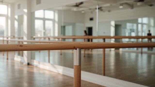 Indoor ballet or dance studio with wooden barre, large windows, and bright natural lighting.