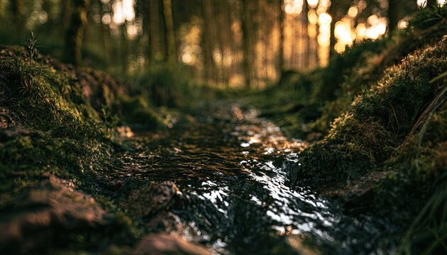 Gentle stream flows through mossy forest floor at golden hour
