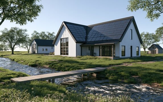 Modern farmhouse with solar panels sits beside a babbling brook and wooden bridge