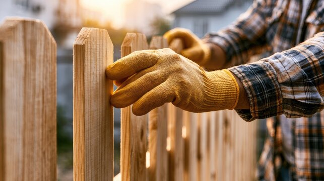 Hands in yellow gloves installing wooden fence panels during sunset