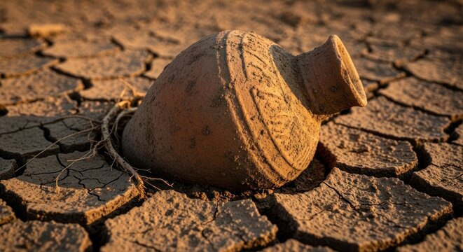 Dry cracked earth with broken pot.