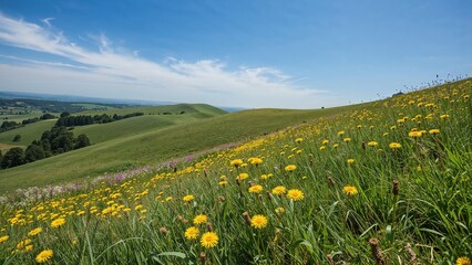 Fototapeta premium Green rolling hills with yellow dandelions, blue sky with scattered clouds, a peaceful countryside landscape, lush grass, and distant trees.