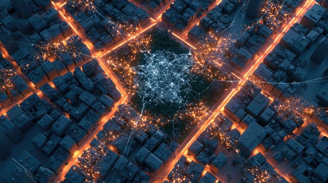Abstract glowing network connects urban grid and central bright data cluster