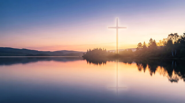 Serene sunset over water with lone cross silhouette horizon