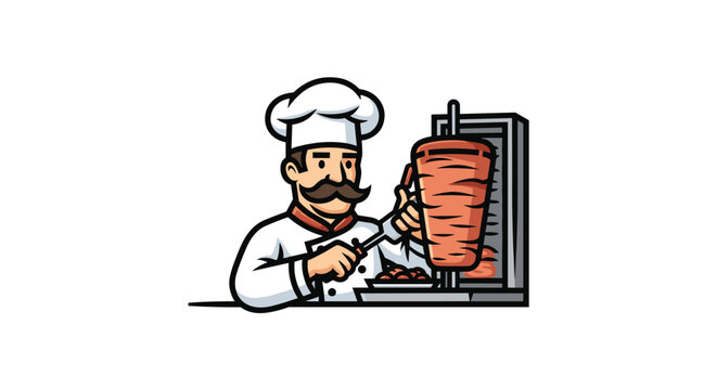 Cheerful professional chef cutting meat from a vertical doner kebab spit grill machine vector cartoon logo illustration.