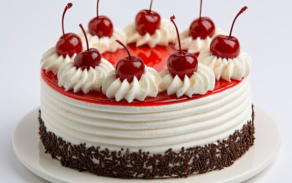 A white frosted cake with red jelly topping and cherries
