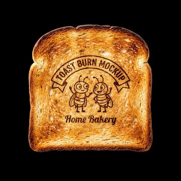 Toasted bread with cartoon bee logo. Burned branding mockup on slice of breakfast toast.