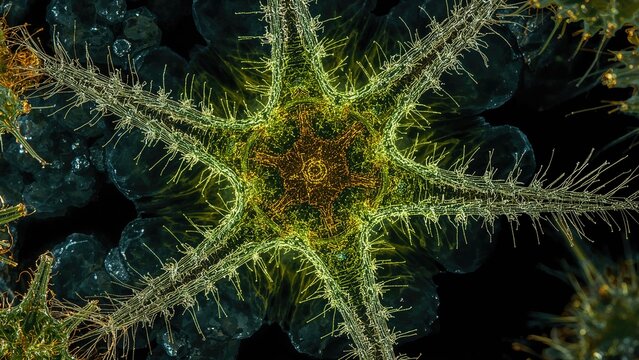 Microorganism viewed under a microscope with spiky structure, intricate details, and glowing elements. Biological and scientific exploration. The focus on microscopic life forms.