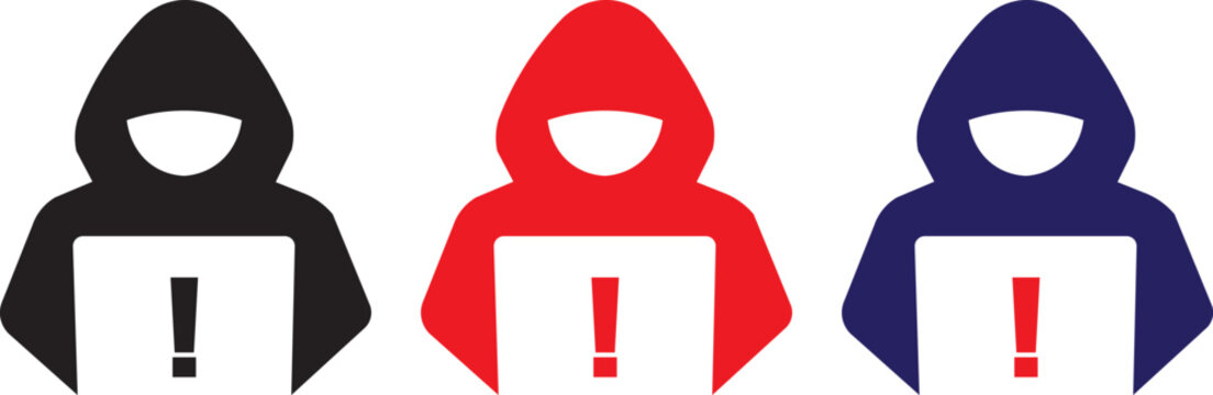 Anonymous Hooded Hacker Using Laptop with Warning Alert, Cybersecurity Threat, Data Breach and Online Crime Concept in Three Color Variations
