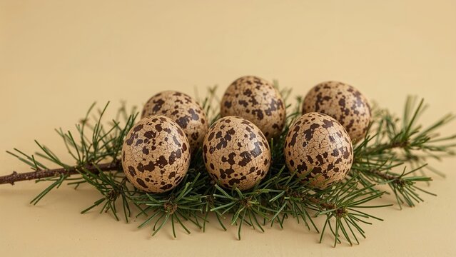 Six speckled eggs arranged on a pine branch against a plain background.