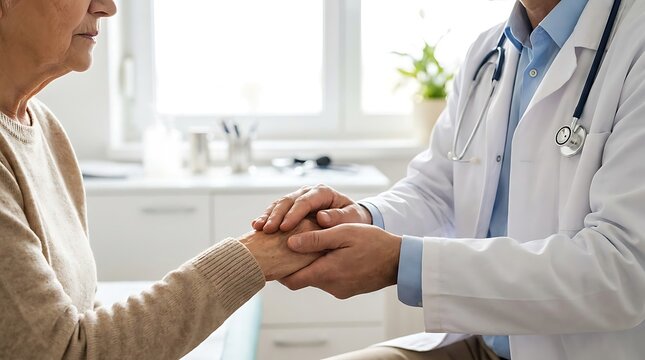 Senior patient receiving medical consultation from doctor. Elderly woman holding hands with healthcare professional during check-up.