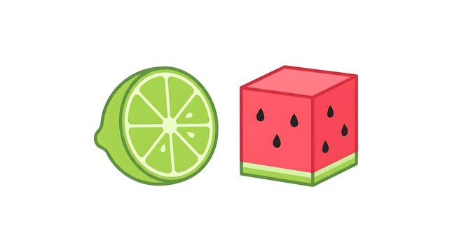 Stylized green lime half and red cube watermelon icons