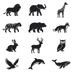 Obraz premium Minimalist animal silhouette collection featuring lion elephant giraffe tiger bear fox rabbit deer owl eagle dolphin and whale vectors.