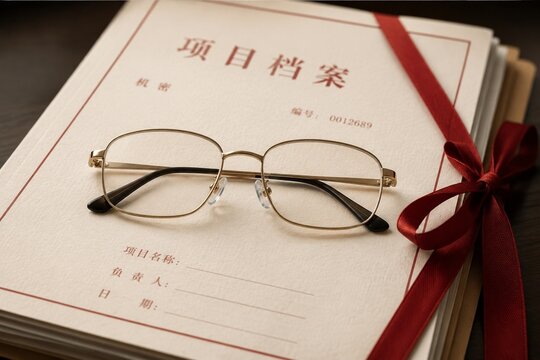 Gold-rimmed eyeglasses resting on a dossier tied with a red ribbon.