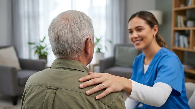 Senior man receiving back massage from female caregiver. Elderly patient enjoying professional physical therapy session at home.