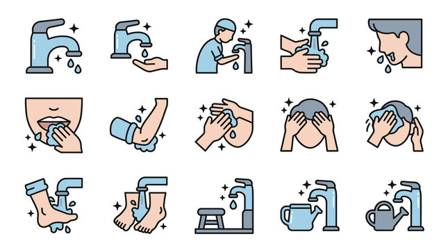Islamic wudu and ritual washing line icon set.