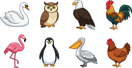 Naklejka premium Bird Collection with Swan, Owl, Eagle, Rooster, Flamingo, Penguin, Pelican, and Hen Cartoon Set for Nature and Wildlife Designs
