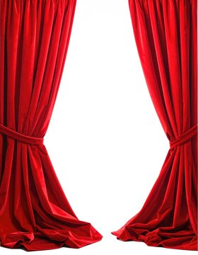 Red velvet curtains pulled open on a white background