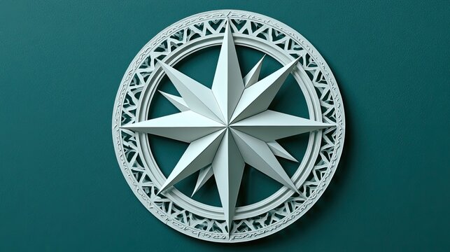 A white, embossed compass rose symbol on a teal background
