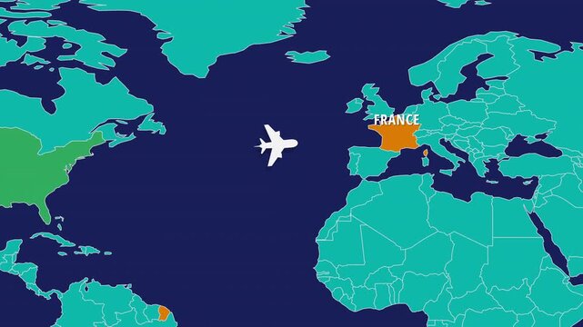 Flight Map Animation Showing Airplane Route Travelling From USA to France. Perfect visual for video editors, content creators, and marketing agencies needing high-end geographical transitions.