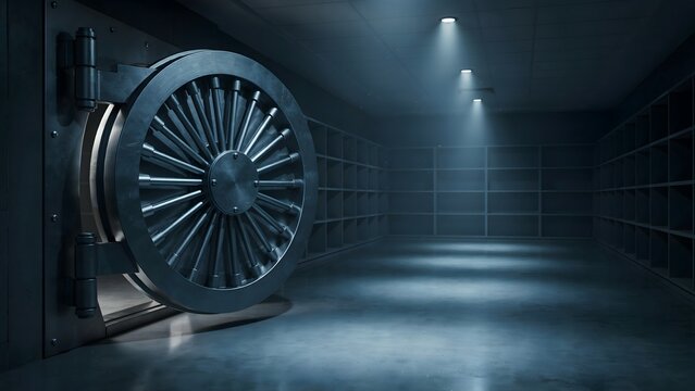 Secure bank vault with open door displaying empty shelves and illuminated ambiance