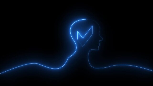 Glowing neon line Human head with tick mark icon on black background.Motion graphics of concept animation